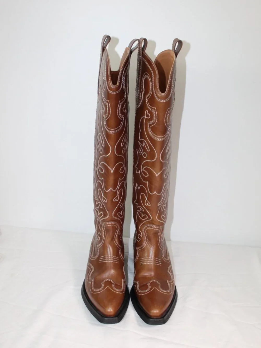 Ganni Knee High Leather Cowboy Western Boots Embroidered Brown Leather 40